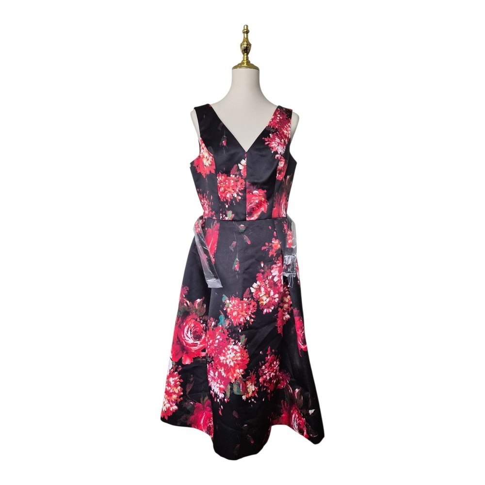 Terri Jon Floral Fit & Flare Dress Size 10 Black Red Sleeveless Belted‎ NWT